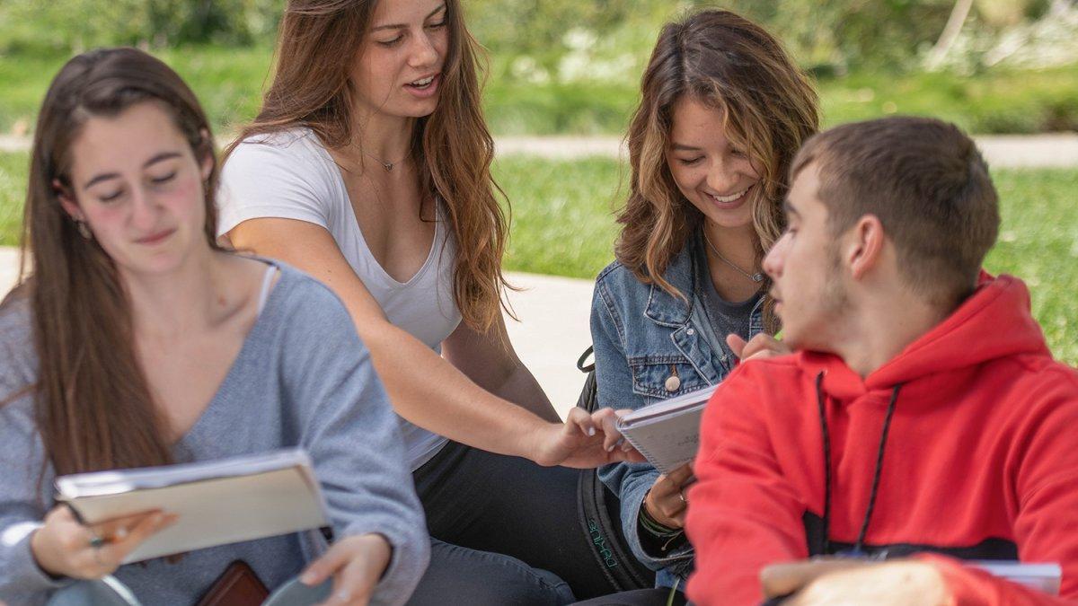 Students interact during outdoor class